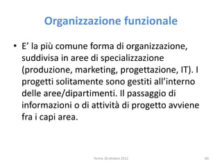 • E’ la più comune forma di organizzazione,
suddivisa in aree di specializzazione
(produzione, marketing, progettazione, IT). I
progetti solitamente sono gestiti all’interno
delle aree/dipartimenti. Il passaggio di
informazioni o di attività di progetto avviene
fra i capi area.
Torino 18 ottobre 2012 60
Organizzazione funzionale
 