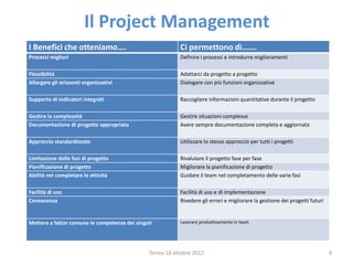 Torino 18 ottobre 2012 9
I Benefici che otteniamo…. Ci permettono di…….
Processi migliori Definire i processi e introdurre miglioramenti
Flessibilità Adattarci da progetto a progetto
Allargare gli orizzonti organizzativi Dialogare con più funzioni organizzative
Supporto di indicatori integrati Raccogliere informazioni quantitative durante il progetto
Gestire la complessità Gestire situazioni complesse
Documentazione di progetto appropriata Avere sempre documentazione completa e aggiornata
Approccio standardizzato Utilizzare lo stesso approccio per tutti i progetti
Limitazione delle fasi di progetto Rivalutare il progetto fase per fase
Pianificazione di progetto Migliorare la pianificazione di progetto
Abilità nel completare le attività Guidare il team nel completamento delle varie fasi
Facilità di uso Facilità di uso e di implementazione
Conoscenza Rivedere gli errori e migliorare la gestione dei progetti futuri
Mettere a fattor comune le competenze dei singoli Lavorare produttivamente in team
Il Project Management
 