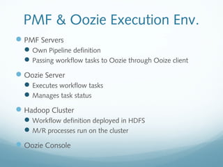 PMF & Oozie Execution Env.
PMF Servers
Own Pipeline definition
Passing workflow tasks to Oozie through Ooize client
Oozie Server
Executes workflow tasks
Manages task status
Hadoop Cluster
Workflow definition deployed in HDFS
M/R processes run on the cluster
Oozie Console
 