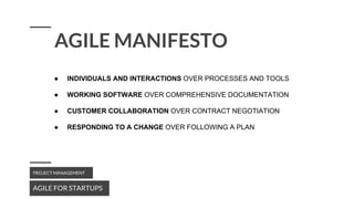AGILE FOR STARTUPS
PROJECT MANAGEMENT
AGILE MANIFESTO
● INDIVIDUALS AND INTERACTIONS OVER PROCESSES AND TOOLS
● WORKING SOFTWARE OVER COMPREHENSIVE DOCUMENTATION
● CUSTOMER COLLABORATION OVER CONTRACT NEGOTIATION
● RESPONDING TO A CHANGE OVER FOLLOWING A PLAN
 