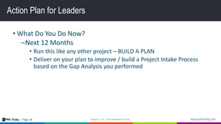 26Page:
Action Plan for Leaders
• What Do You Do Now?
–Next 12 Months
• Run this like any other project – BUILD A PLAN
• Deliver on your plan to improve / build a Project Intake Process
based on the Gap Analysis you performed
 