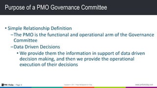6Page:
Purpose of a PMO Governance Committee
• Simple Relationship Definition
–The PMO is the functional and operational arm of the Governance
Committee
–Data Driven Decisions
• We provide them the information in support of data driven
decision making, and then we provide the operational
execution of their decisions
 