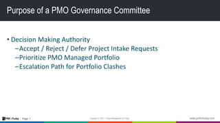 7Page:
Purpose of a PMO Governance Committee
• Decision Making Authority
–Accept / Reject / Defer Project Intake Requests
–Prioritize PMO Managed Portfolio
–Escalation Path for Portfolio Clashes
 