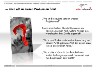 Die Würth Gruppe | Team-Anforderungen | Social Software | Google Suite | Sharepoint | Regeln der Zusammenarbeit




  … doch oft zu diesen Problemen führt


                                                                           „Wo ist die neueste Version unseres
                                                                             Projektplans?“

                                                                           Nach einer halben Stunde Diskussion am
                                                                             Telefon: „Mensch Karl, welche Version des
                                                                             Handbuches hast Du da eigentlich?“

                                                                           „Wo – zum Kuckuck – ist meine Anmerkung zu
                                                                             diesem Punkt geblieben? Ich bin sicher, dass
                                                                             ich sie geschrieben habe.“

                                                                           „Wo – bitte schön – ist das Protokoll vom
                                                                             letzten Lenkungsausschuss? Haben wir das
                                                                             nun beschlossen oder nicht?“


   25.09.2009                                                                  … more than software                  7
 
