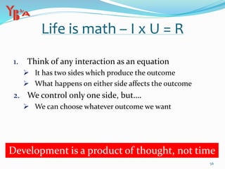 Life is math – I x U = R
1. Think of any interaction as an equation
 It has two sides which produce the outcome
 What happens on either side affects the outcome
2. We control only one side, but….
 We can choose whatever outcome we want
56
Development is a product of thought, not time
 