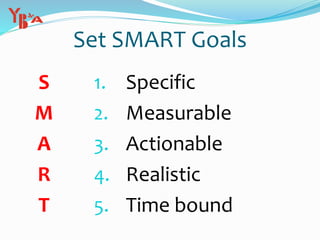 Set SMART Goals
S
M
A
R
T
1. Specific
2. Measurable
3. Actionable
4. Realistic
5. Time bound
 