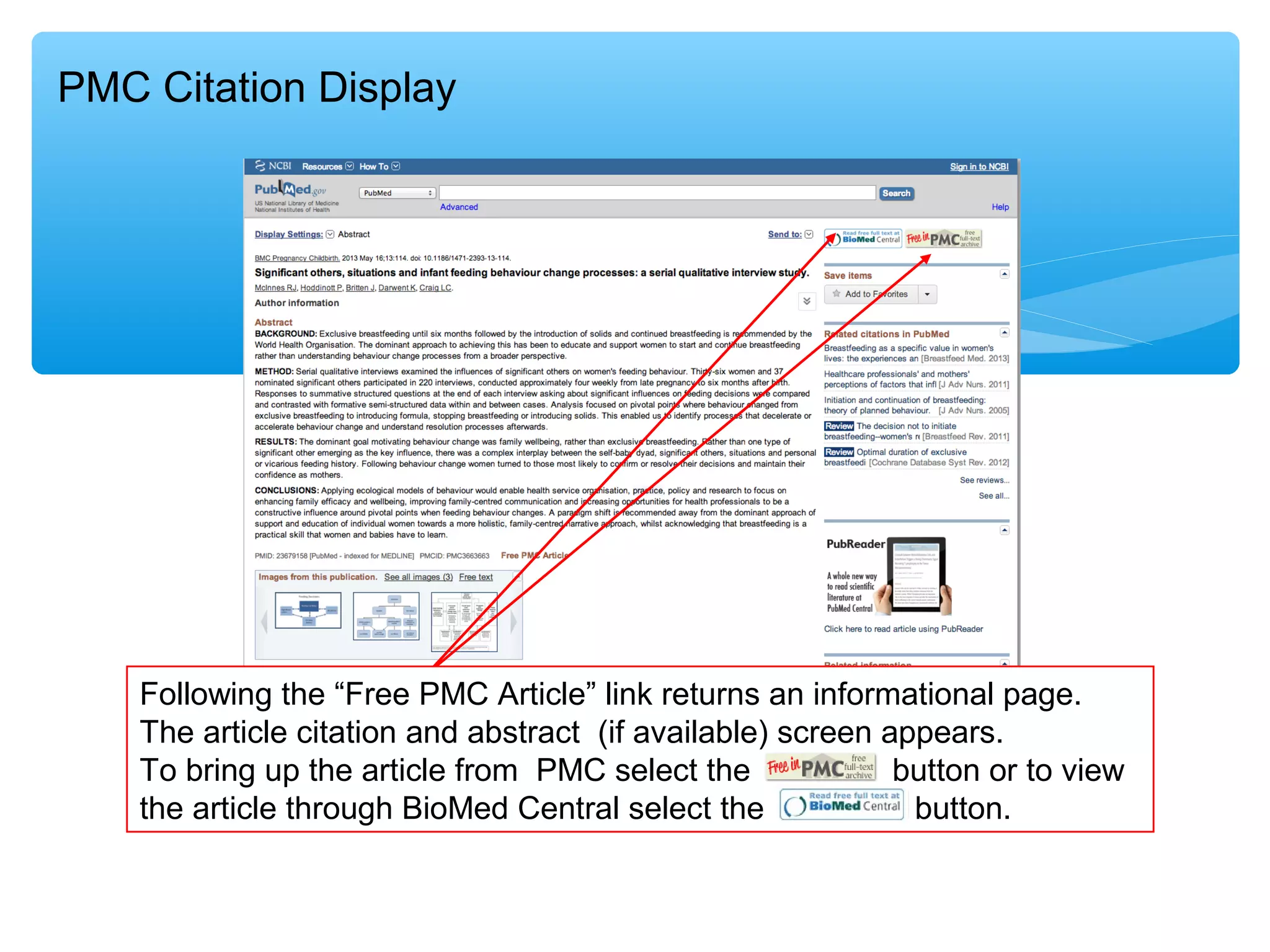 PMC Citation Display

Following the “Free PMC Article” link returns an informational page.
The article citation and abstract (if available) screen appears.
To bring up the article from PMC select the
button or to view
the article through BioMed Central select the
button.

 