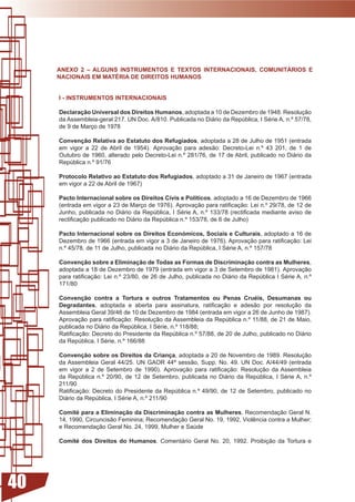 ANEXO 2 – ALGUNS INSTRUMENTOS E TEXTOS INTERNACIONAIS, COMUNITÁRIOS E
     NACIONAIS EM MATÉRIA DE DIREITOS HUMANOS


     I - INSTRUMENTOS INTERNACIONAIS

     Declaração Universal dos Direitos Humanos, adoptada a 10 de Dezembro de 1948. Resolução
     da	Assembleia-geral	217.	UN	Doc.	A/810.	Publicada	no	Diário	da	República,	I	Série	A,	n.º	57/78,	
     de 9 de Março de 1978

     Convenção Relativa ao Estatuto dos Refugiados, adoptada a 28 de Julho de 1951 (entrada
     em vigor a 22 de Abril de 1954). Aprovação para adesão: Decreto-Lei n.º 43 201, de 1 de
     Outubro de 1960, alterado pelo Decreto-Lei n.º 281/76, de 17 de Abril, publicado no Diário da
     República n.º 91/76

     Protocolo Relativo ao Estatuto dos Refugiados, adoptado a 31 de Janeiro de 1967 (entrada
     em vigor a 22 de Abril de 1967)

     Pacto Internacional sobre os Direitos Civis e Políticos, adoptado a 16 de Dezembro de 1966
     (entrada em vigor a 23 de Março de 1976). Aprovação	para	ratificação:	Lei	n.º	29/78,	de	12	de	
     Junho,	publicada	no	Diário	da	República,	I	Série	A,	n.º	133/78	(rectificada	mediante	aviso	de	
     rectificação	publicado	no	Diário	da	República	n.º	153/78,	de	6	de	Julho)

     Pacto Internacional sobre os Direitos Económicos, Sociais e Culturais, adoptado a 16 de
     Dezembro	de	1966	(entrada	em	vigor	a	3	de	Janeiro	de	1976).	Aprovação	para	ratificação:	Lei	
     n.º	45/78,	de	11	de	Julho,	publicada	no	Diário	da	República,	I	Série	A,	n.º	157/78

     Convenção sobre a Eliminação de Todas as Formas de Discriminação contra as Mulheres,
     adoptada a 18 de Dezembro de 1979 (entrada em vigor a 3 de Setembro de 1981). Aprovação
     para	ratificação:	Lei	n.º	23/80,	de	26	de	Julho,	publicada	no	Diário	da	República	I	Série	A,	n.º	
     171/80

     Convenção contra a Tortura e outros Tratamentos ou Penas Cruéis, Desumanas ou
     Degradantes,	 adoptada	 e	 aberta	 para	 assinatura,	 ratificação	 e	 adesão	 por	 resolução	 da	
     Assembleia Geral 39/46 de 10 de Dezembro de 1984 (entrada em vigor a 26 de Junho de 1987).
     Aprovação	para	ratificação:	Resolução	da	Assembleia	da	República	n.º	11/88,	de	21	de	Maio,	
     publicada	no	Diário	da	República,	I	Série,	n.º	118/88;	
     Ratificação:	Decreto	do	Presidente	da	República	n.º	57/88,	de	20	de	Julho,	publicado	no	Diário	
     da	República,	I	Série,	n.º	166/88

     Convenção sobre os Direitos da Criança, adoptada a 20 de Novembro de 1989. Resolução
     da Assembleia Geral 44/25. UN GAOR 44ª sessão, Supp. No. 49. UN Doc. A/44/49 (entrada
     em vigor a 2 de Setembro de 1990). Aprovação	 para	 ratificação:	 Resolução	 da	 Assembleia	
     da	 República	 n.º	 20/90,	 de	 12	 de	 Setembro,	 publicada	 no	 Diário	 da	 República,	 I	 Série	A,	 n.º	
     211/90
     Ratificação:	Decreto	do	Presidente	da	República	n.º	49/90,	de	12	de	Setembro,	publicado	no	
     Diário	da	República,	I	Série	A,	n.º	211/90

     Comité para a Eliminação da Discriminação contra as Mulheres, Recomendação Geral N.
     14,	1990,	Circuncisão	Feminina;	Recomendação	Geral	No.	19,	1992,	Violência	contra	a	Mulher;	
     e Recomendação Geral No. 24, 1999, Mulher e Saúde

     Comité dos Direitos do Humanos. Comentário Geral No. 20, 1992. Proibição da Tortura e




40
 