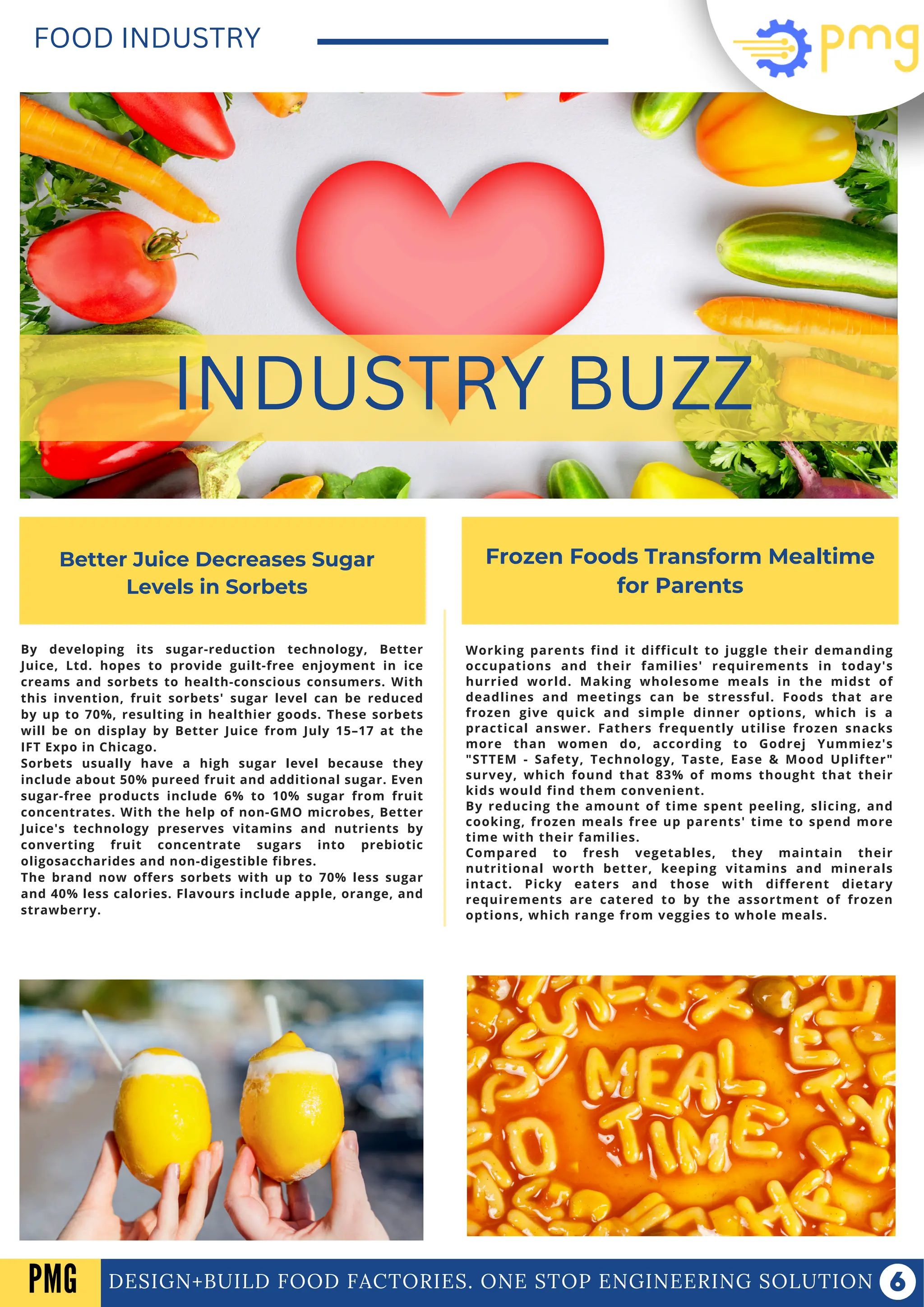 By developing its sugar-reduction technology, Better
Juice, Ltd. hopes to provide guilt-free enjoyment in ice
creams and sorbets to health-conscious consumers. With
this invention, fruit sorbets' sugar level can be reduced
by up to 70%, resulting in healthier goods. These sorbets
will be on display by Better Juice from July 15–17 at the
IFT Expo in Chicago.
Sorbets usually have a high sugar level because they
include about 50% pureed fruit and additional sugar. Even
sugar-free products include 6% to 10% sugar from fruit
concentrates. With the help of non-GMO microbes, Better
Juice's technology preserves vitamins and nutrients by
converting fruit concentrate sugars into prebiotic
oligosaccharides and non-digestible fibres.
The brand now offers sorbets with up to 70% less sugar
and 40% less calories. Flavours include apple, orange, and
strawberry.
DESIGN+BUILD FOOD FACTORIES. ONE STOP ENGINEERING SOLUTION
FOOD INDUSTRY
INDUSTRY BUZZ
Better Juice Decreases Sugar
Levels in Sorbets
Frozen Foods Transform Mealtime
for Parents
Working parents find it difficult to juggle their demanding
occupations and their families' requirements in today's
hurried world. Making wholesome meals in the midst of
deadlines and meetings can be stressful. Foods that are
frozen give quick and simple dinner options, which is a
practical answer. Fathers frequently utilise frozen snacks
more than women do, according to Godrej Yummiez's
"STTEM - Safety, Technology, Taste, Ease & Mood Uplifter"
survey, which found that 83% of moms thought that their
kids would find them convenient.
By reducing the amount of time spent peeling, slicing, and
cooking, frozen meals free up parents' time to spend more
time with their families.
Compared to fresh vegetables, they maintain their
nutritional worth better, keeping vitamins and minerals
intact. Picky eaters and those with different dietary
requirements are catered to by the assortment of frozen
options, which range from veggies to whole meals.
PMG
 