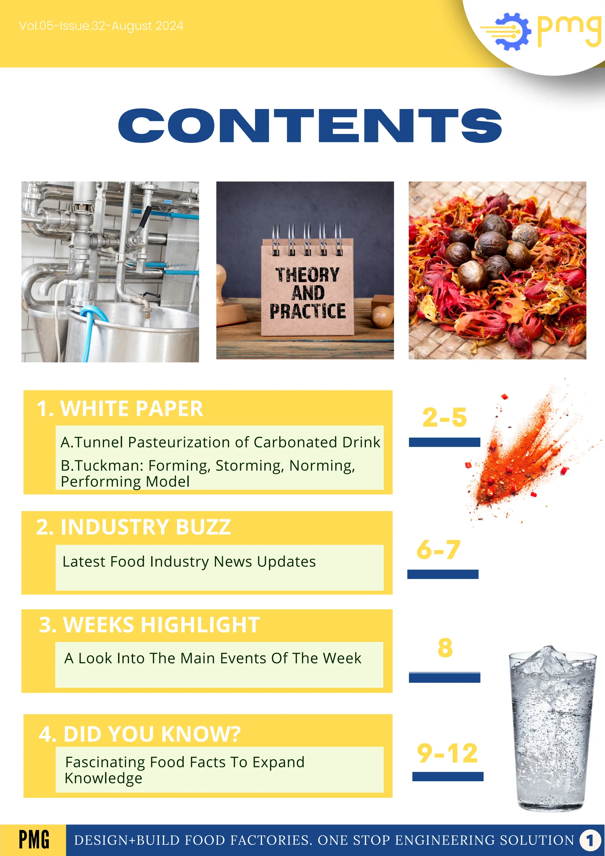 1. WHITE PAPER
2. INDUSTRY BUZZ
4. DID YOU KNOW?
3. WEEKS HIGHLIGHT
Fascinating Food Facts To Expand
Knowledge
Latest Food Industry News Updates
A Look Into The Main Events Of The Week
A. Electrical panel
B. Frozen Dessert
CONTENTS
8
9-12
2-5
6-7
Vol.05-Issue.32-August 2024
DESIGN+BUILD FOOD FACTORIES. ONE STOP ENGINEERING SOLUTION
PMG
2. INDUSTRY BUZZ
Latest Food Industry News Updates
3. WEEKS HIGHLIGHT
A Look Into The Main Events Of The Week
4. DID YOU KNOW?
Fascinating Food Facts To Expand
Knowledge
1. WHITE PAPER
A.Tunnel Pasteurization of Carbonated Drink
B.Tuckman: Forming, Storming, Norming,
Performing Model
 