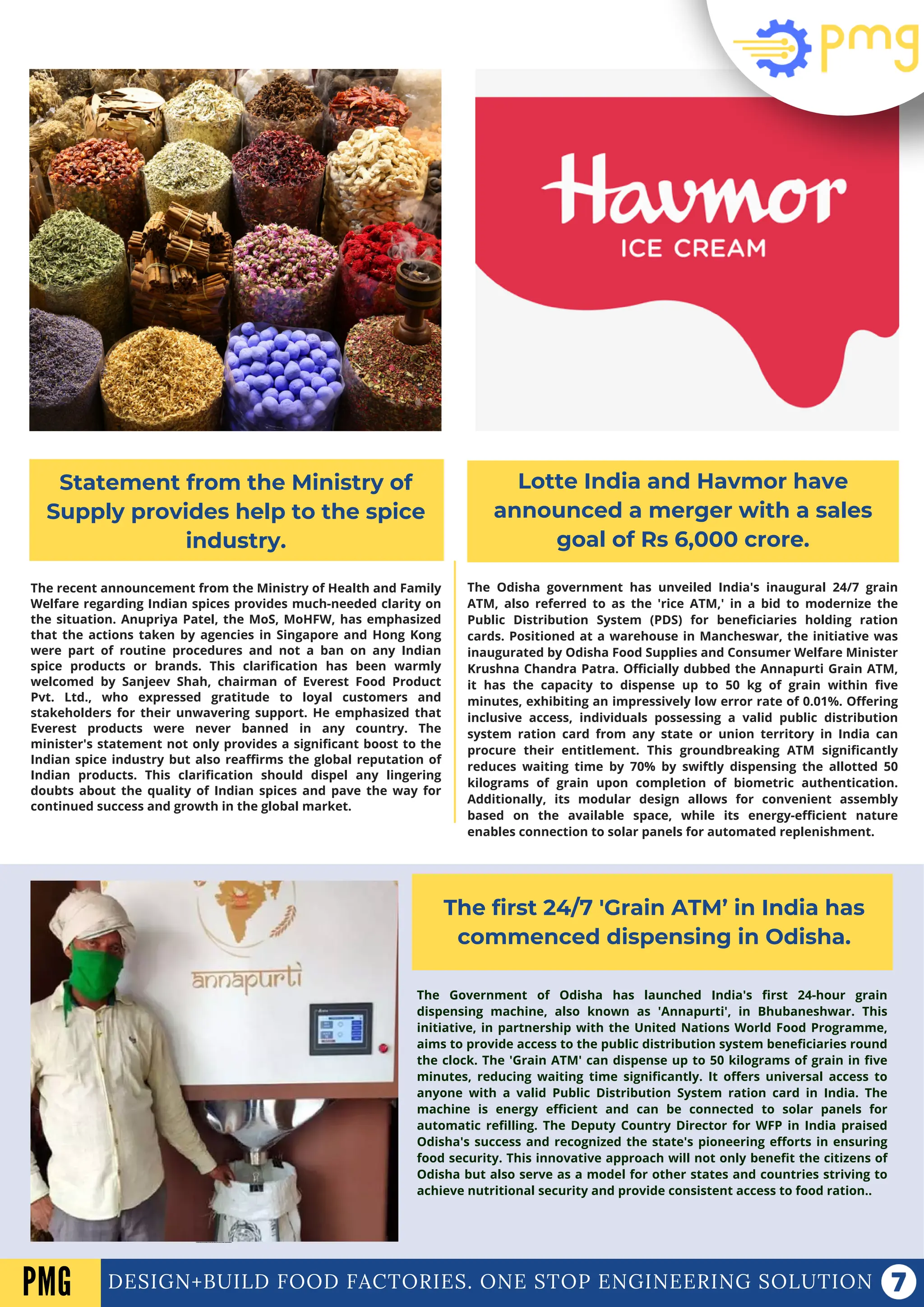 DESIGN+BUILD FOOD FACTORIES. ONE STOP ENGINEERING SOLUTION
Statement from the Ministry of
Supply provides help to the spice
industry.
Lotte India and Havmor have
announced a merger with a sales
goal of Rs 6,000 crore.
The first 24/7 'Grain ATM’ in India has
commenced dispensing in Odisha.
The recent announcement from the Ministry of Health and Family
Welfare regarding Indian spices provides much-needed clarity on
the situation. Anupriya Patel, the MoS, MoHFW, has emphasized
that the actions taken by agencies in Singapore and Hong Kong
were part of routine procedures and not a ban on any Indian
spice products or brands. This clarification has been warmly
welcomed by Sanjeev Shah, chairman of Everest Food Product
Pvt. Ltd., who expressed gratitude to loyal customers and
stakeholders for their unwavering support. He emphasized that
Everest products were never banned in any country. The
minister's statement not only provides a significant boost to the
Indian spice industry but also reaffirms the global reputation of
Indian products. This clarification should dispel any lingering
doubts about the quality of Indian spices and pave the way for
continued success and growth in the global market.
The Odisha government has unveiled India's inaugural 24/7 grain
ATM, also referred to as the 'rice ATM,' in a bid to modernize the
Public Distribution System (PDS) for beneficiaries holding ration
cards. Positioned at a warehouse in Mancheswar, the initiative was
inaugurated by Odisha Food Supplies and Consumer Welfare Minister
Krushna Chandra Patra. Officially dubbed the Annapurti Grain ATM,
it has the capacity to dispense up to 50 kg of grain within five
minutes, exhibiting an impressively low error rate of 0.01%. Offering
inclusive access, individuals possessing a valid public distribution
system ration card from any state or union territory in India can
procure their entitlement. This groundbreaking ATM significantly
reduces waiting time by 70% by swiftly dispensing the allotted 50
kilograms of grain upon completion of biometric authentication.
Additionally, its modular design allows for convenient assembly
based on the available space, while its energy-efficient nature
enables connection to solar panels for automated replenishment.
PMG
The Government of Odisha has launched India's first 24-hour grain
dispensing machine, also known as 'Annapurti', in Bhubaneshwar. This
initiative, in partnership with the United Nations World Food Programme,
aims to provide access to the public distribution system beneficiaries round
the clock. The 'Grain ATM' can dispense up to 50 kilograms of grain in five
minutes, reducing waiting time significantly. It offers universal access to
anyone with a valid Public Distribution System ration card in India. The
machine is energy efficient and can be connected to solar panels for
automatic refilling. The Deputy Country Director for WFP in India praised
Odisha's success and recognized the state's pioneering efforts in ensuring
food security. This innovative approach will not only benefit the citizens of
Odisha but also serve as a model for other states and countries striving to
achieve nutritional security and provide consistent access to food ration..
T
HE UNION MINISTER FOR FARMERS' WELFARE AND AGRICULTURE ASSESSES KHARIF SEASON READINESS.
 