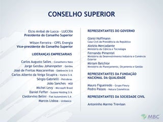 Elcio Anibal de Lucca - LUCCRA Presidente do Conselho Superior Wilson Ferreira - CPFL Energia Vice-presidente do Conselho Superior LIDERANÇAS EMPRESARIAIS  Carlos Augusto Salles  - Conselheiro Nato Jorge Gerdau Johannpeter  – Gerdau José de Freitas Mascarenhas  - Odebrecht S/A Carlos Alberto da Veiga Sicupira  - Varbra S/A  Sérgio Gabrielli  - Petrobras  João Sanches  – MSD Michel Levy  - Microsoft Brasil Daniel Feffer  - Suzano Holding S/A  Cledorvino Belini  - Fiat Automóveis S.A   Marcos Lisboa  - Unibanco   REPRESENTANTES DO GOVERNO  Gleisi Hoffmann Casa Civil da Presidência da República  Aloizio Mercadante  Ministério da Ciência e Tecnologia Fernando Pimentel  Ministério do Desenvolvimento Indústria e Comércio Exterior  Miriam Belchior  Ministério do Planejamento, Orçamento e Gestão REPRESENTANTES DA FUNDAÇÃO NACIONAL DA QUALIDADE  Mauro Figueiredo  - Grupo Fleury Pedro Passos  - Natura Cosméticos REPRESENTANTES DA SOCIEDADE CIVIL  Antoninho Marmo Trevisan CONSELHO SUPERIOR 