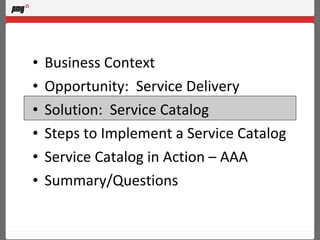 Business Context Opportunity:  Service Delivery Solution:  Service Catalog Steps to Implement a Service Catalog Service Catalog in Action – AAA Summary/Questions 