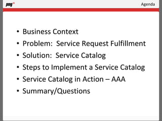Agenda Business Context Problem:  Service Request Fulfillment Solution:  Service Catalog Steps to Implement a Service Catalog Service Catalog in Action – AAA Summary/Questions 