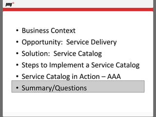 Business Context Opportunity:  Service Delivery Solution:  Service Catalog Steps to Implement a Service Catalog Service Catalog in Action – AAA Summary/Questions 