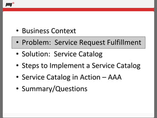 Business Context Problem:  Service Request Fulfillment Solution:  Service Catalog Steps to Implement a Service Catalog Service Catalog in Action – AAA Summary/Questions 