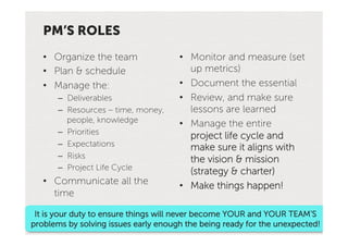 PM’S ROLES
   •  Organize the team               •  Monitor and measure (set
   •  Plan & schedule                    up metrics)
   •  Manage the:                     •  Document the essential
       –  Deliverables                •  Review, and make sure
       –  Resources – time, money,       lessons are learned
          people, knowledge           •  Manage the entire
       –  Priorities
                                         project life cycle and
       –  Expectations                   make sure it aligns with
       –  Risks                          the vision & mission
       –  Project Life Cycle
                                         (strategy & charter)
   •  Communicate all the             •  Make things happen!
      time

 It is your duty to ensure things will never become YOUR and YOUR TEAM’S
problems by solving issues early enough the being ready for the unexpected!
 
