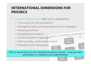 INTERNATIONAL DIMENSIONS FOR
  PROJECS
  •  Cultural differences add up to equations
      –  Time zones & time perception
      –  Managerial styles and expectations from managers
      –  Keeping promises
      –  Geographical distance
      –  Communication challenges
      –  Multi-country, multi-location work
      –  Prejudices and stereotypes

There is secret source in the international project success – they just need
              even better co-ordination and understanding!
 