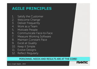 AGILE PRINCIPLES

      1.       Satisfy the Customer
      2.       Welcome Change
      3.       Deliver Frequently
      4.       Work as a Team
      5.       Motivate People
      6.       Communicate Face-to-Face
      7.       Measure Working Software
      8.       Maintain Constant Pace
      9.       Excel at Quality
      10.      Keep it Simple
      11.      Evolve Designs
      12.      Reﬂect Regularly

                  PERSONNEL NEEDS AND RESULTS ARE AT THE CORE!

Source:'Jurgen Appelo , 2010'
 