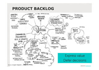 PRODUCT BACKLOG




                                 Express value
                                Defer decisions
Source:'Jurgen Appelo , 2010'
                                           picture by juhansonin
 
