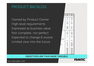 PRODUCT BACKLOG


      Owned by Product Owner
      High-level requirements
      Expressed as business value
      Not complete, nor perfect
      Expected to change & evolve
      Limited view into the future



                                OBJECTIVES ARE THUS MADE TANGIBLE

Source:'Jurgen Appelo , 2010'
 