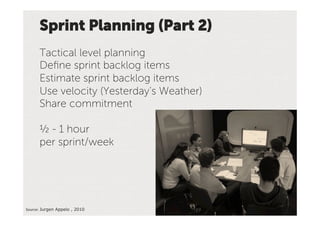 Sprint Planning (Part 2)
      Tactical level planning
      Deﬁne sprint backlog items
      Estimate sprint backlog items
      Use velocity (Yesterday’s Weather)
      Share commitment

      ½ - 1 hour
      per sprint/week




Source:'Jurgen Appelo , 2010'
 