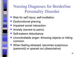 38
Nursing Diagnoses for Borderline
Personality Disorder
 Risk for self injury; self-mutilation
 Dysfunctional grieving
 Impaired social interaction
 Anxiety (severe to panic)
 Self-esteem disturbance
 Uncontrollable anger- throwing objects or hitting
common.
 When feeling stressed, becomes suspicious
(paranoid) or spaced out (dissociative)
 