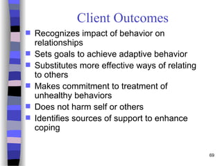 69
Client Outcomes
 Recognizes impact of behavior on
relationships
 Sets goals to achieve adaptive behavior
 Substitutes more effective ways of relating
to others
 Makes commitment to treatment of
unhealthy behaviors
 Does not harm self or others
 Identifies sources of support to enhance
coping
 