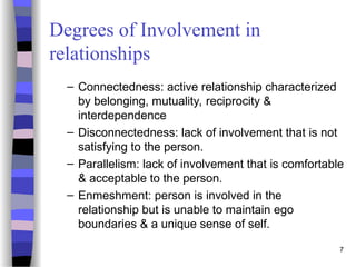 7
Degrees of Involvement in
relationships
– Connectedness: active relationship characterized
by belonging, mutuality, reciprocity &
interdependence
– Disconnectedness: lack of involvement that is not
satisfying to the person.
– Parallelism: lack of involvement that is comfortable
& acceptable to the person.
– Enmeshment: person is involved in the
relationship but is unable to maintain ego
boundaries & a unique sense of self.
 