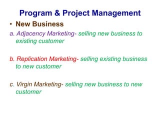 New Businessa. Adjacency Marketing- selling new business to existing customerb. Replication Marketing- selling existing business to new customerc. Virgin Marketing-selling new business to new customerProgram & Project Management 