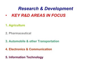 KEY R&D AREAS IN FOCUS1. Agriculture2. Pharmaceutical3. Automobile & other Transportation4. Electronics & Communication5. Information TechnologyResearch & Development