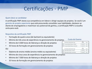 Certificações - PMP
Quem deve se candidatar
A certificação PMP atesta sua competência em liderar e dirigir equipes de projetos. Se você é um
gerente de projeto experiente que está procurando consolidar suas habilidades, destacar-se
diante de empregadores e maximizar seu potencial de ganhos, a certificação PMP é a escolha
certa para você.
Requisitos da certificação PMP
• Formação de quatro anos (de bacharel ou equivalente)
• Mínimo de três anos de experiência no gerenciamento de projetos
• Mínimo de 4.500 horas de liderança e direção de projetos
• 35 horas de formação em gerenciamento de projetos
OU
• Diploma de ensino médio (ensino médio ou equivalente)
• Mínimo de cinco anos de experiência no gerenciamento de projetos
• Mínimo de 7.500 horas de liderança e direção de projetos
• 35 horas de formação em gerenciamento de projetos

Custo do Exame:

 