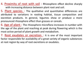 4. Proximity of root with soil : Rhizosphere effect decline sharply
with increasing distance between plant root and soil.
5. Plant species : The qualitative and quantitative differences are
attributed to variations in rooting habitat, tissue composition and
excretion products. In general, legumes show or produce a more
pronounced rhizosphere effect than grasses or cereals.
6. Age of plant : The rhizosphere microflora increases in number with
the age of the plant and reaching at peak during flowering which is the
most active period of plant growth and metabolism.
7. Root exudates or excretion : It is one of the most important
factor responsible for availability of a great variety of organic substances
at root region by way of root excretions or exudates.
 
