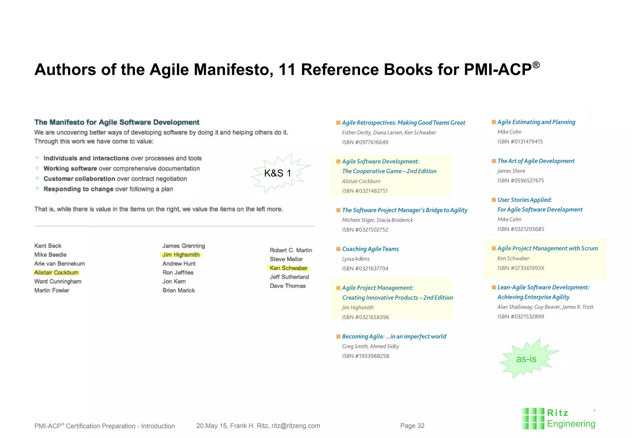 PMI-ACP®
Certification Preparation - Introduction 20.May 15, Frank H. Ritz, ritz@ritzeng.com Page 32
Authors of the Agile Manifesto, 11 Reference Books for PMI-ACP®
K&S 1
as-is
 