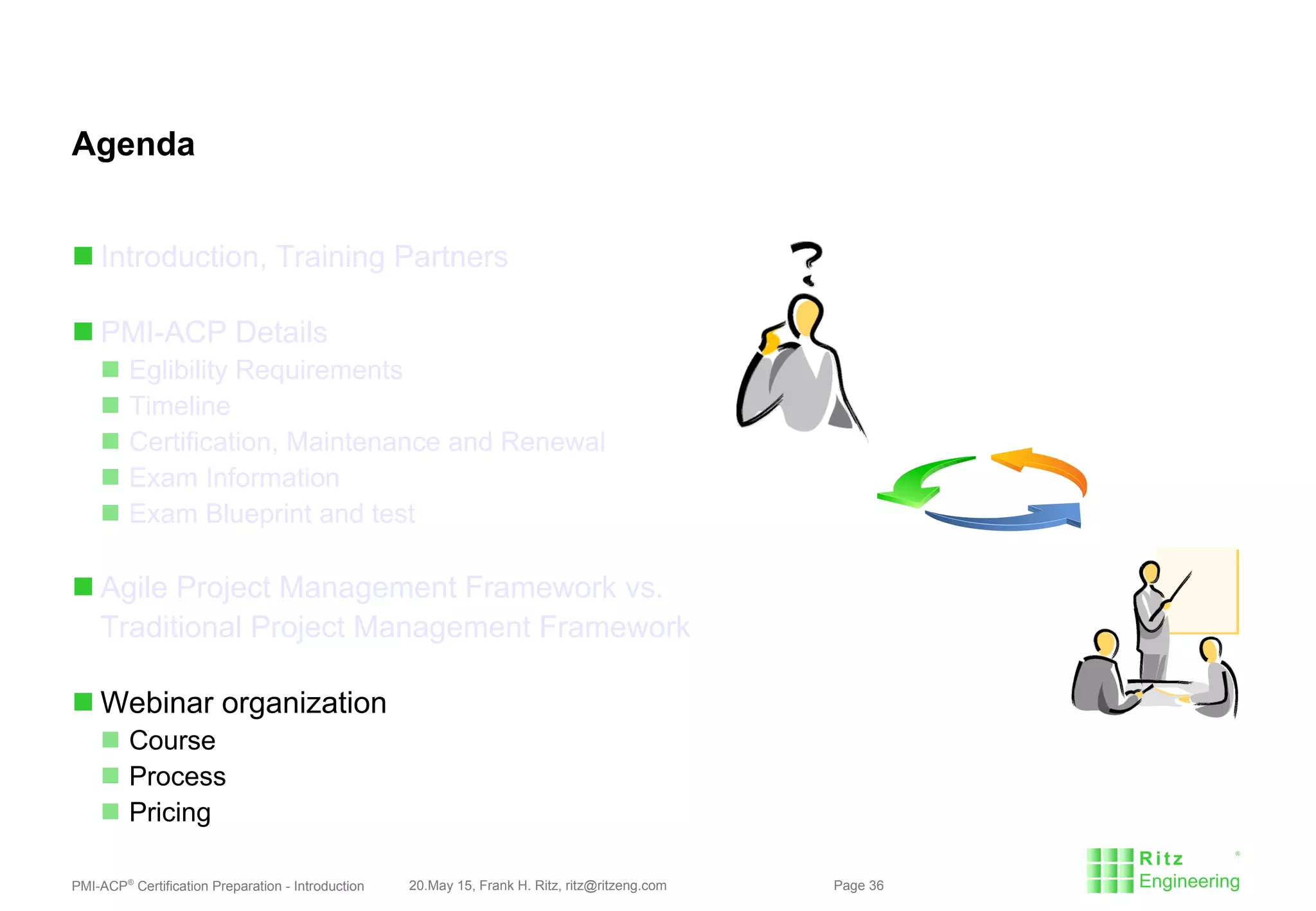 PMI-ACP®
Certification Preparation - Introduction 20.May 15, Frank H. Ritz, ritz@ritzeng.com Page 36
Agenda
 Introduction, Training Partners
 PMI-ACP Details
 Eglibility Requirements
 Timeline
 Certification, Maintenance and Renewal
 Exam Information
 Exam Blueprint and test
 Agile Project Management Framework vs.
Traditional Project Management Framework
 Webinar organization
 Course
 Process
 Pricing
 
