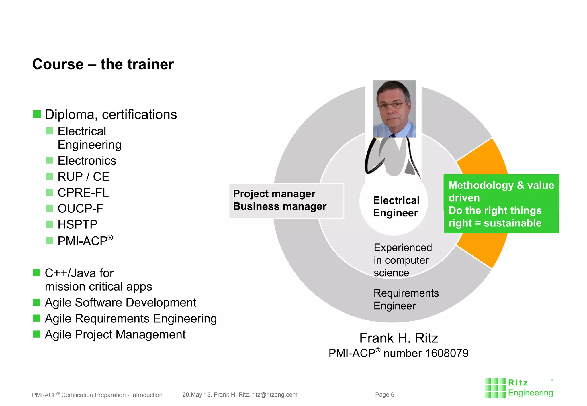 PMI-ACP®
Certification Preparation - Introduction 20.May 15, Frank H. Ritz, ritz@ritzeng.com Page 6
Course – the trainer
Frank H. Ritz
PMI-ACP®
number 1608079
 Diploma, certifications
 Electrical
Engineering
 Electronics
 RUP / CE
 CPRE-FL
 OUCP-F
 HSPTP
 PMI-ACP®
 C++/Java for
mission critical apps
 Agile Software Development
 Agile Requirements Engineering
 Agile Project Management
Electrical
Engineer
Experienced
in computer
science
Requirements
Engineer
Project manager
Business manager
Methodology & value
driven
Do the right things
right = sustainable
 