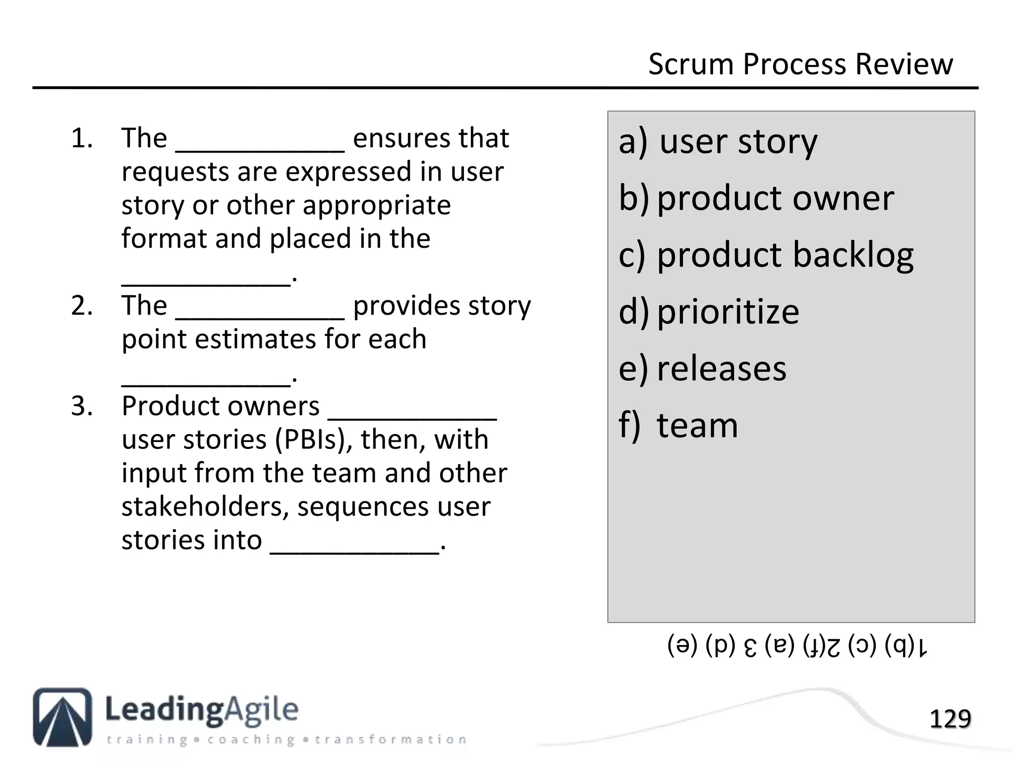 129
1. The ___________ ensures that
requests are expressed in user
story or other appropriate
format and placed in the
___________.
2. The ___________ provides story
point estimates for each
___________.
3. Product owners ___________
user stories (PBIs), then, with
input from the team and other
stakeholders, sequences user
stories into ___________.
Scrum Process Review
a) user story
b)product owner
c) product backlog
d)prioritize
e) releases
f) team
1(b)(c)2(f)(a)3(d)(e)
 
