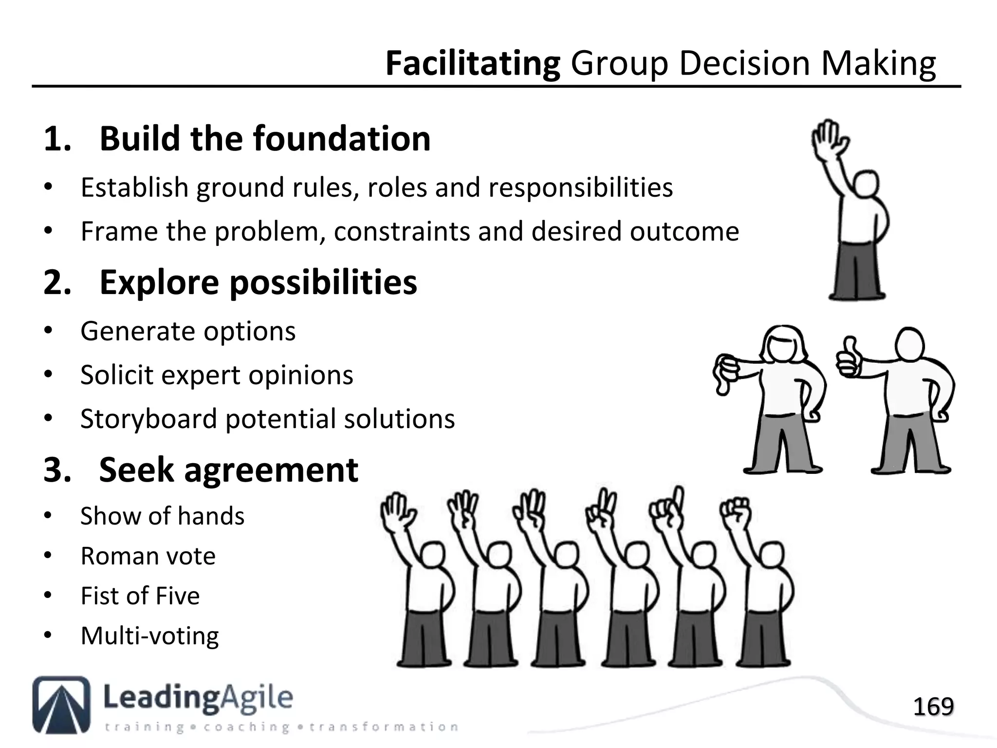 169
1. Build the foundation
• Establish ground rules, roles and responsibilities
• Frame the problem, constraints and desired outcome
2. Explore possibilities
• Generate options
• Solicit expert opinions
• Storyboard potential solutions
3. Seek agreement
• Show of hands
• Roman vote
• Fist of Five
• Multi-voting
Facilitating Group Decision Making
 