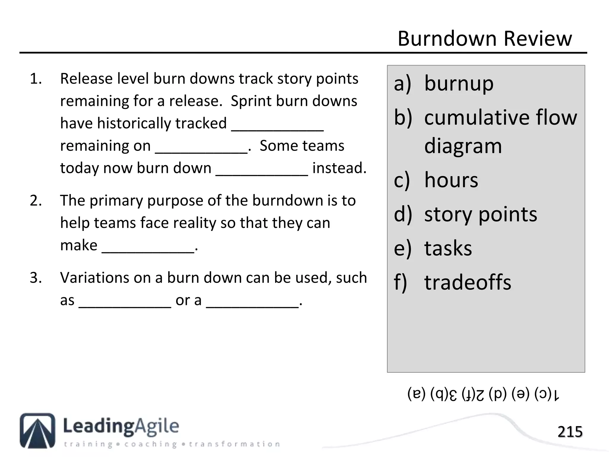 215
1. Release level burn downs track story points
remaining for a release. Sprint burn downs
have historically tracked ___________
remaining on ___________. Some teams
today now burn down ___________ instead.
2. The primary purpose of the burndown is to
help teams face reality so that they can
make ___________.
3. Variations on a burn down can be used, such
as ___________ or a ___________.
Burndown Review
a) burnup
b) cumulative flow
diagram
c) hours
d) story points
e) tasks
f) tradeoffs
1(c)(e)(d)2(f)3(b)(a)
 