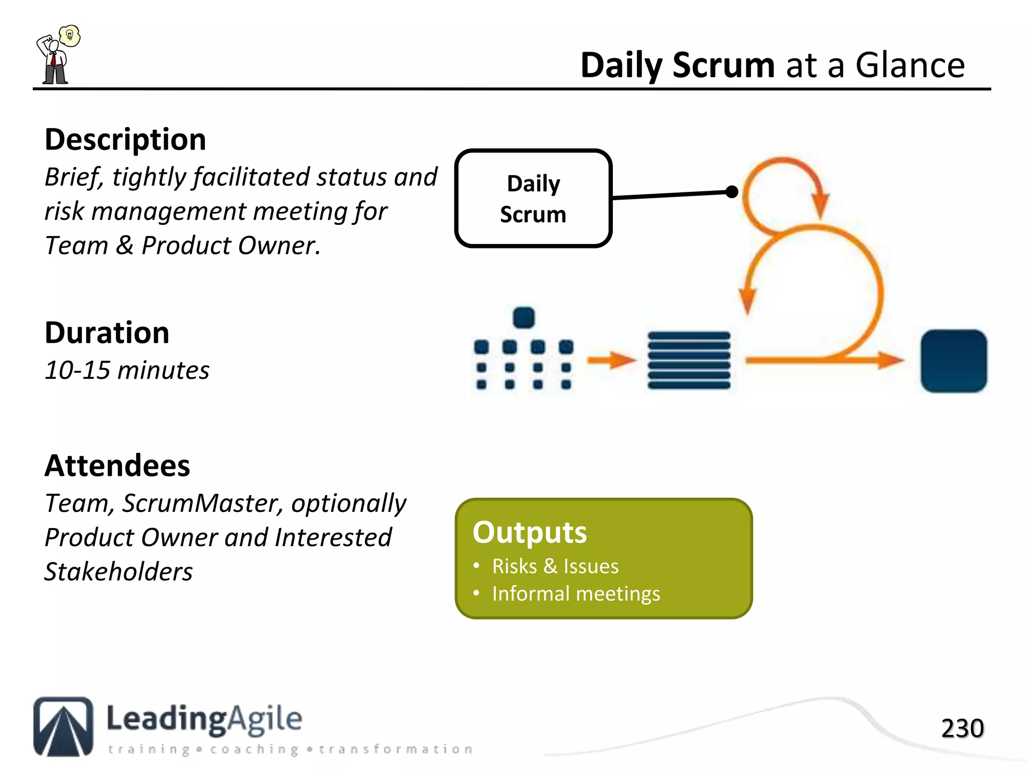230
Description
Brief, tightly facilitated status and
risk management meeting for
Team & Product Owner.
Duration
10-15 minutes
Attendees
Team, ScrumMaster, optionally
Product Owner and Interested
Stakeholders
Daily Scrum at a Glance
Outputs
• Risks & Issues
• Informal meetings
Daily
Scrum
 