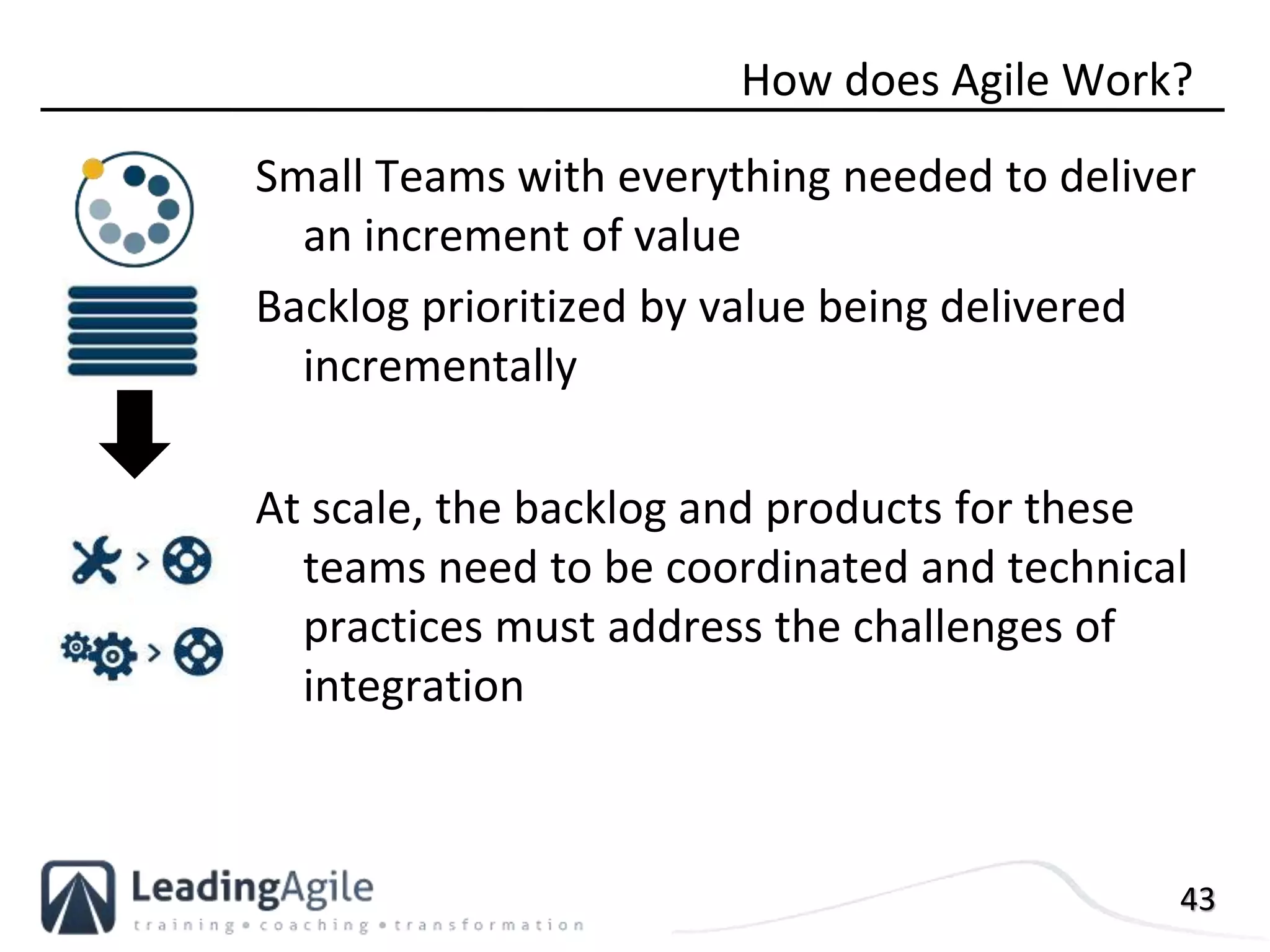43
Small Teams with everything needed to deliver
an increment of value
Backlog prioritized by value being delivered
incrementally
At scale, the backlog and products for these
teams need to be coordinated and technical
practices must address the challenges of
integration
How does Agile Work?
 