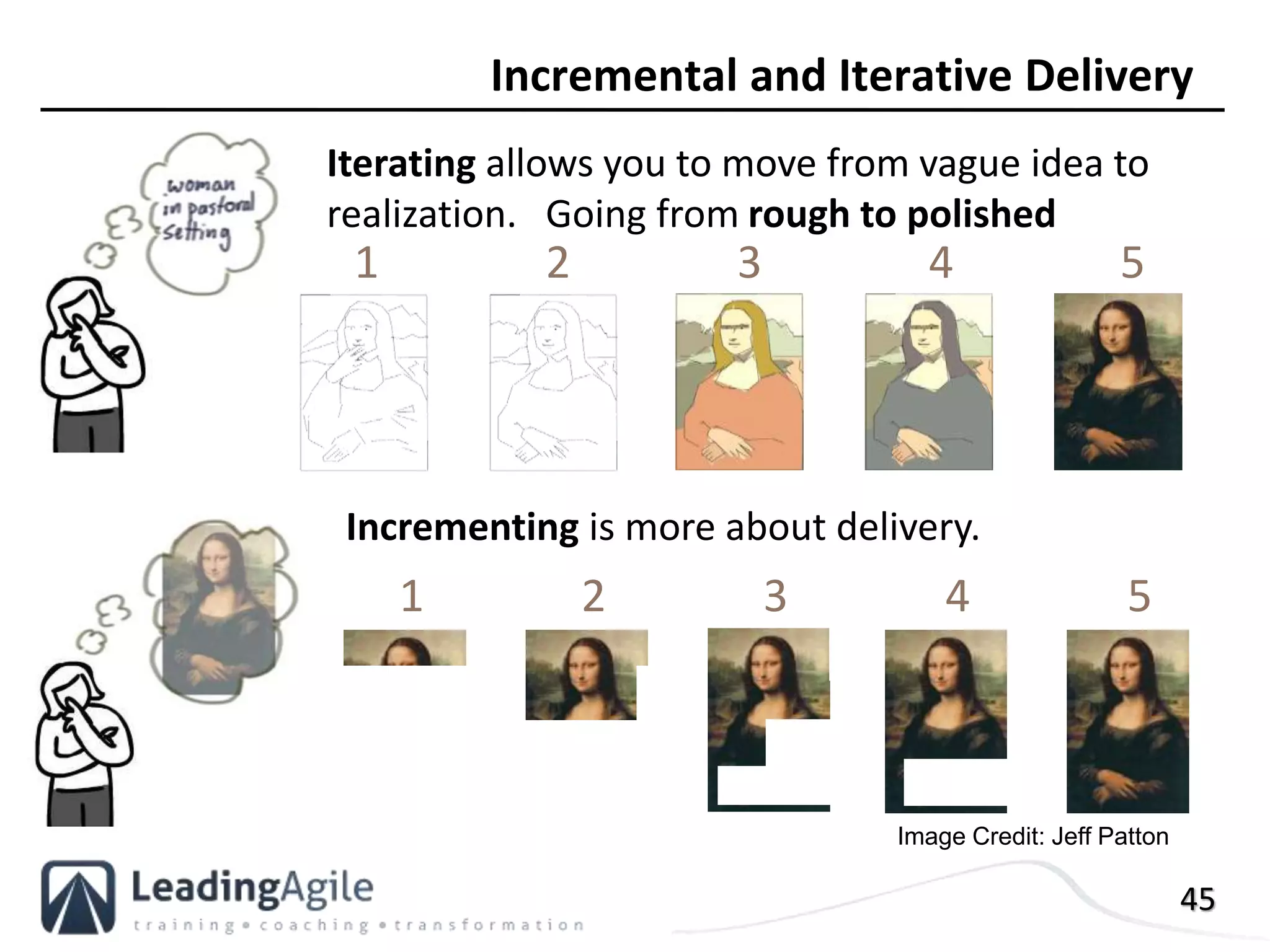 45
Incremental and Iterative Delivery
Incrementing is more about delivery.
1 2 3 4 5
1 2 3 4 5
Iterating allows you to move from vague idea to
realization. Going from rough to polished
Image Credit: Jeff Patton
 