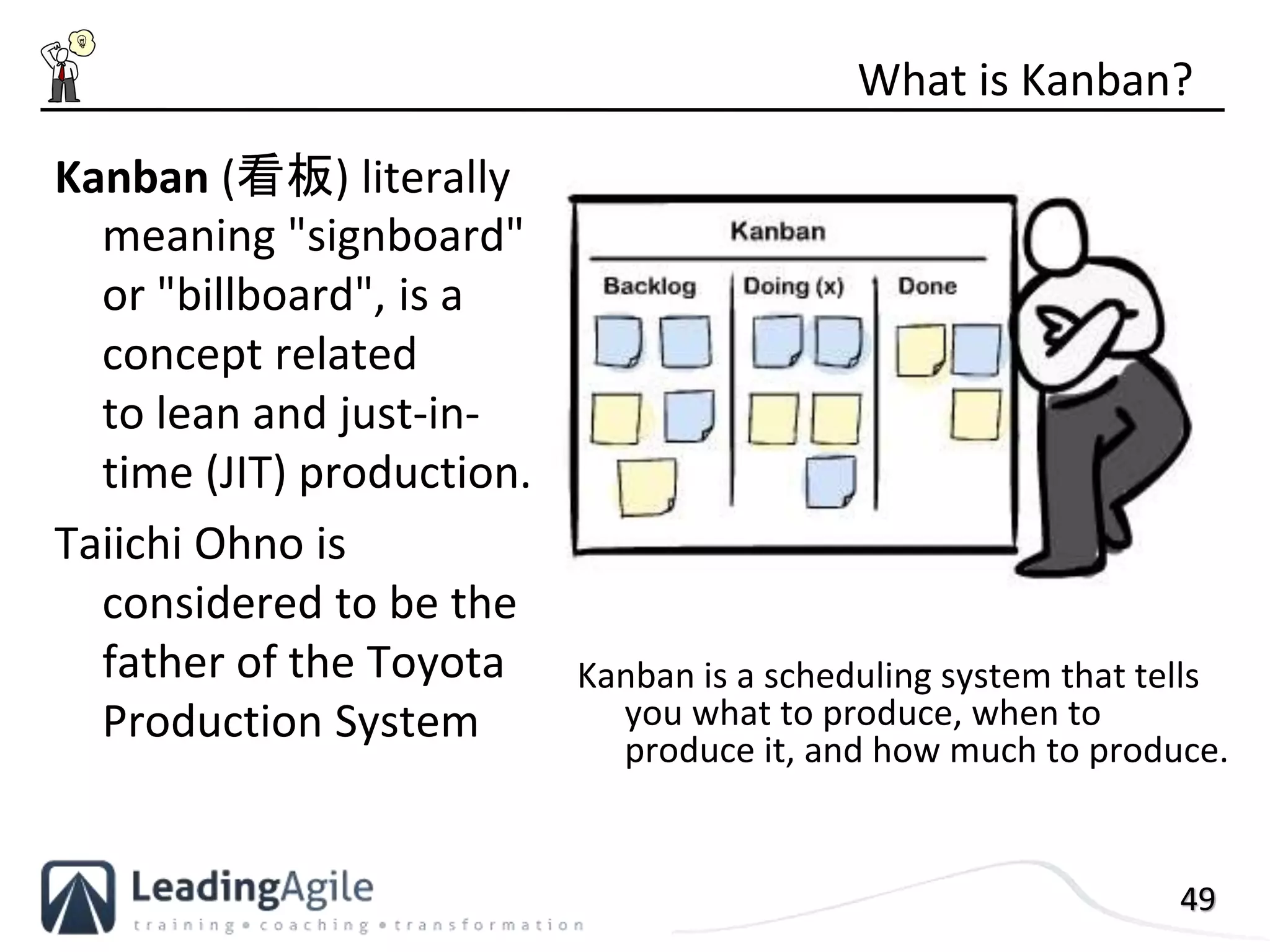 49
Kanban (看板) literally
meaning "signboard"
or "billboard", is a
concept related
to lean and just-in-
time (JIT) production.
Taiichi Ohno is
considered to be the
father of the Toyota
Production System
What is Kanban?
Kanban is a scheduling system that tells
you what to produce, when to
produce it, and how much to produce.
 