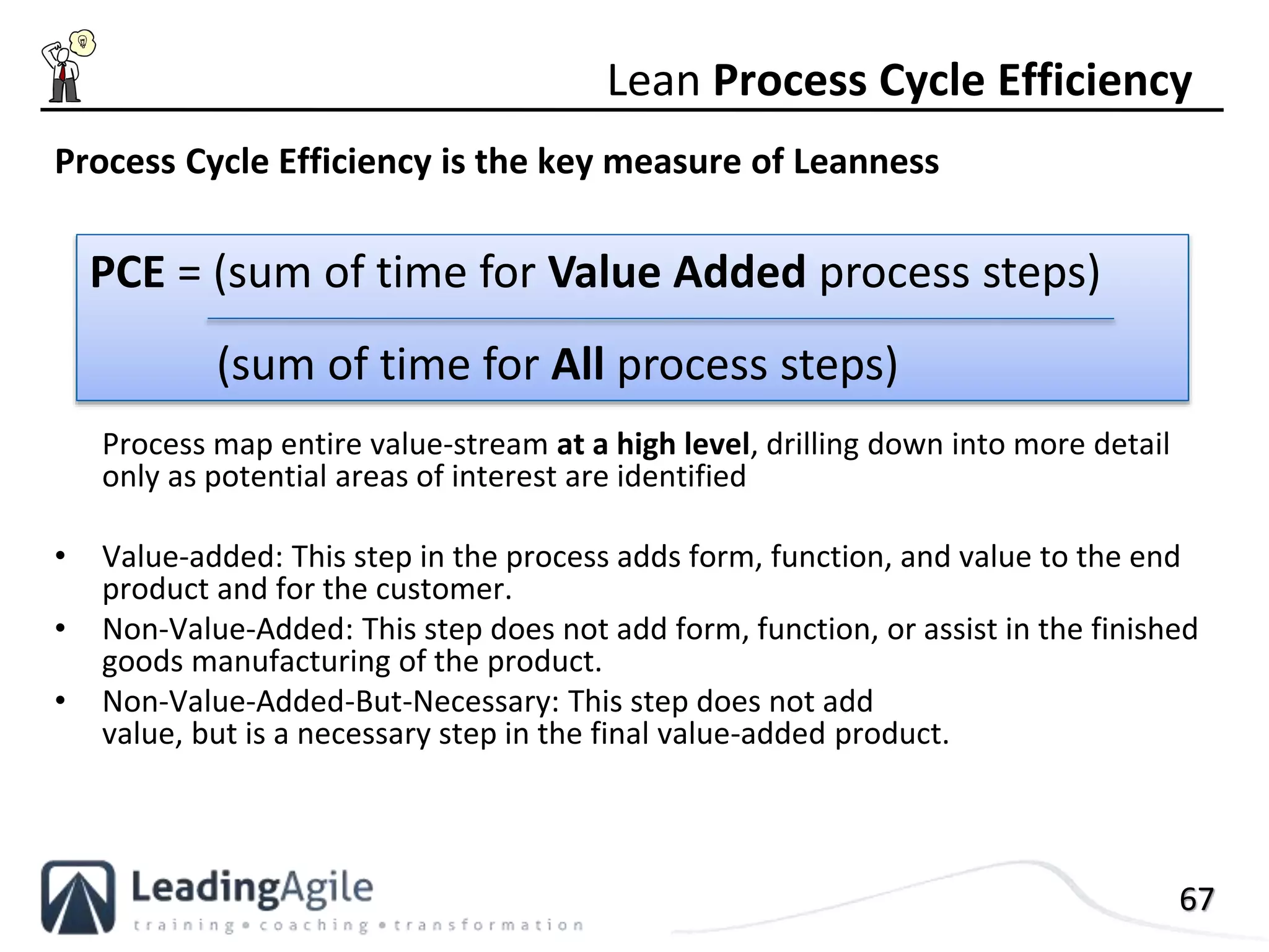 67
Process Cycle Efficiency is the key measure of Leanness
Process map entire value-stream at a high level, drilling down into more detail
only as potential areas of interest are identified
• Value-added: This step in the process adds form, function, and value to the end
product and for the customer.
• Non-Value-Added: This step does not add form, function, or assist in the finished
goods manufacturing of the product.
• Non-Value-Added-But-Necessary: This step does not add
value, but is a necessary step in the final value-added product.
Lean Process Cycle Efficiency
PCE = (sum of time for Value Added process steps)
(sum of time for All process steps)
 