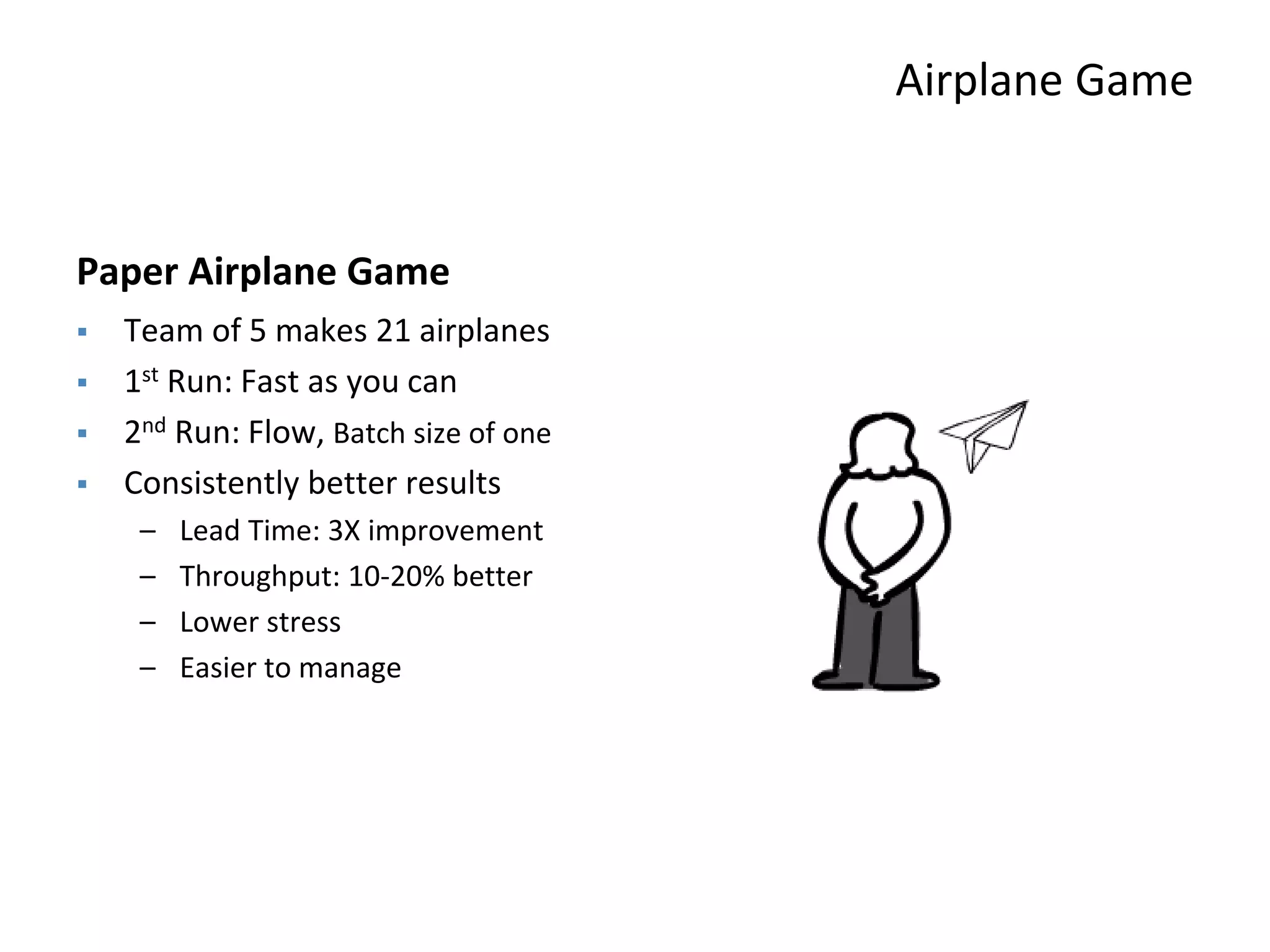 Airplane Game
Paper Airplane Game
 Team of 5 makes 21 airplanes
 1st Run: Fast as you can
 2nd Run: Flow, Batch size of one
 Consistently better results
– Lead Time: 3X improvement
– Throughput: 10-20% better
– Lower stress
– Easier to manage
 