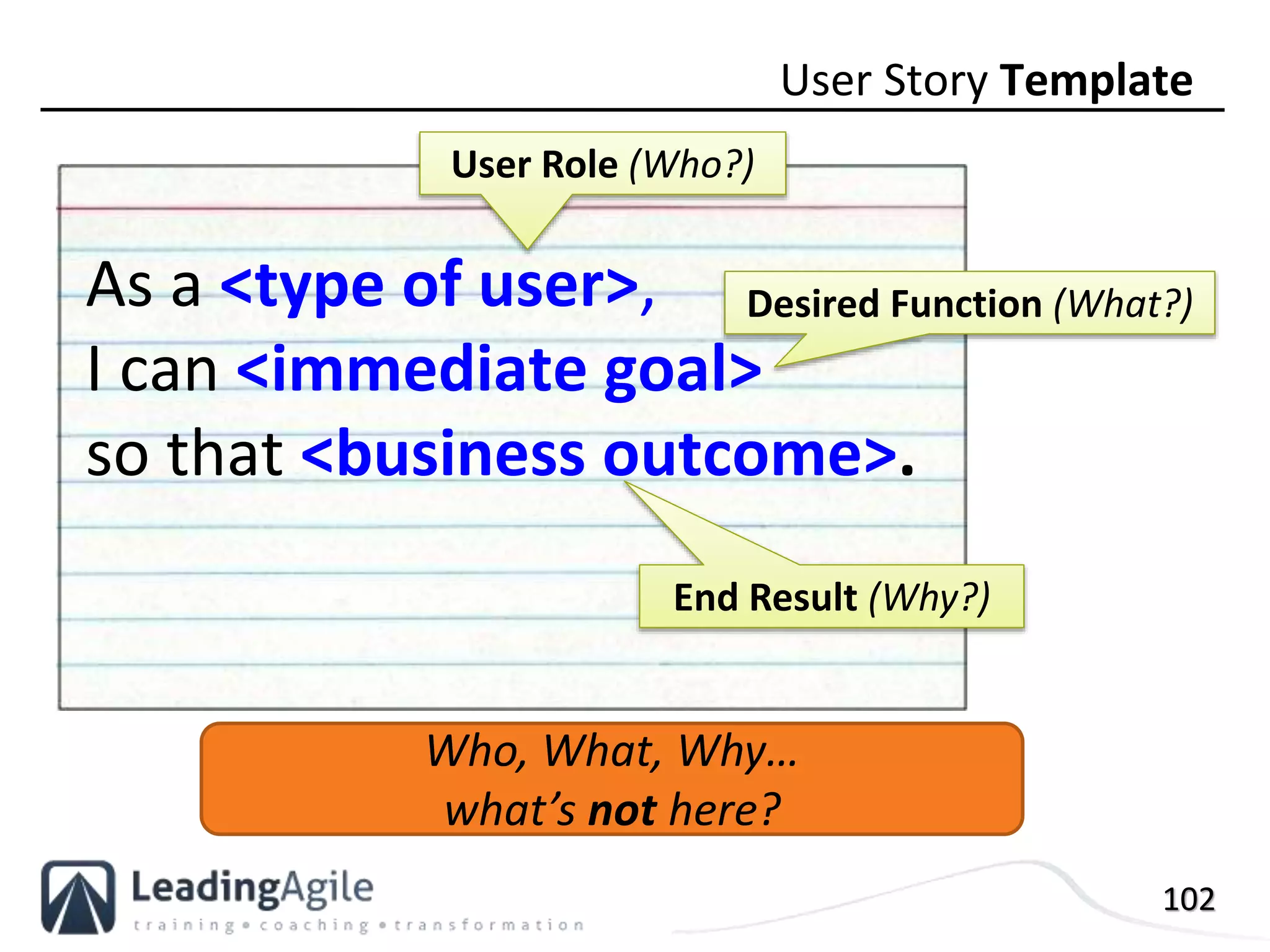 102
As a <type of user>,
I can <immediate goal>
so that <business outcome>.
User Story Template
User Role (Who?)
Desired Function (What?)
End Result (Why?)
Who, What, Why…
what’s not here?
 