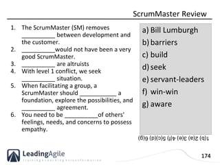 174
1. The ScrumMaster (SM) removes
__________ between development and
the customer.
2. __________would not have been a ve...