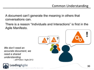 30
Common Understanding
A document can’t generate the meaning in others that
conversations can.
There is a reason “Individ...