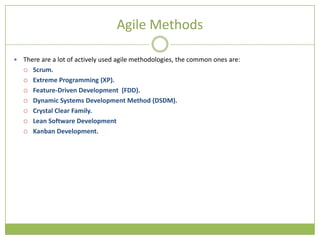 Agile Methods

   There are a lot of actively used agile methodologies, the common ones are:
     Scrum.

     Extreme Programming (XP).

     Feature-Driven Development (FDD).

     Dynamic Systems Development Method (DSDM).

     Crystal Clear Family.

     Lean Software Development

     Kanban Development.
 