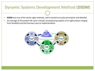 Dynamic Systems Development Method (DSDM)

 DSDM was one of the earlier agile methods, and it started out quite prescriptive and detailed.
 Its coverage of the project life cycle is broad, encompassing aspects of an agile project ranging
  from feasibility and the business case to implementation
 